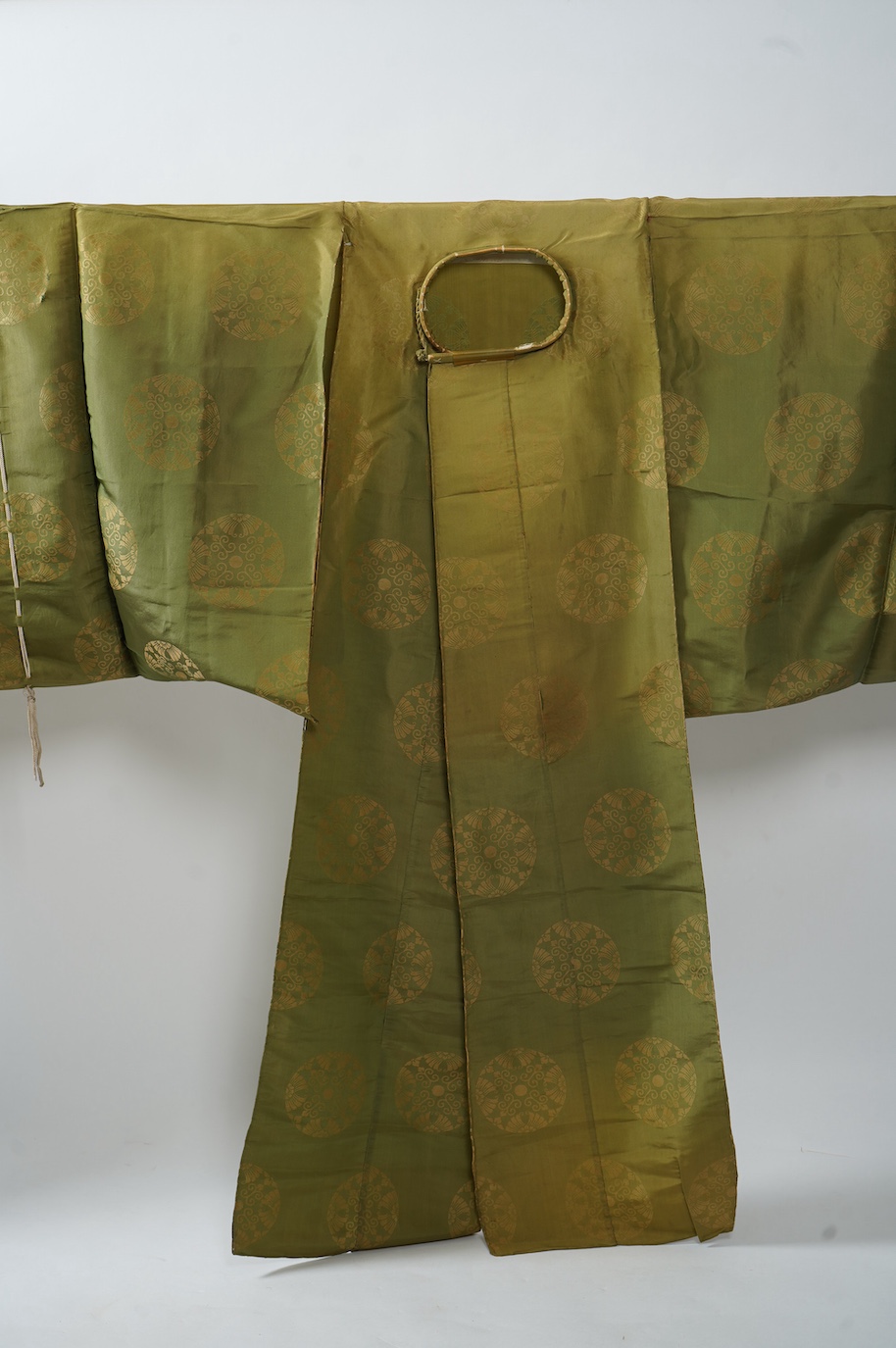 Two 1880-1920 Japanese green silk damask Kariginu, ‘hunting cloth’ robes, worn not as ‘hunting robes’ at this period, but as day wear for high ranking male Imperial Court nobles, traditionally worn with a sash at the wai